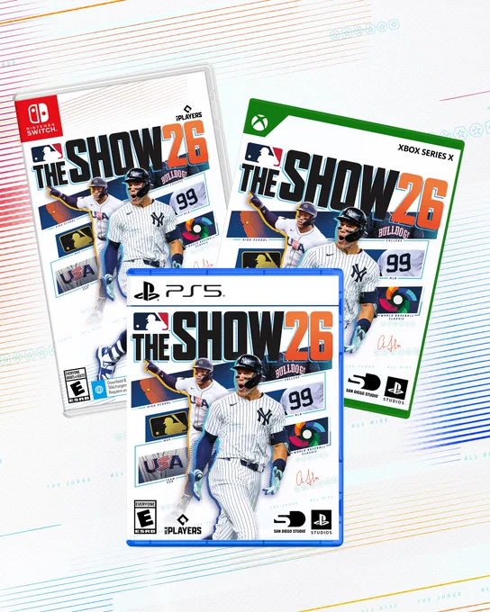 Three copies of MLB The Show '26 featuring Playstation 5, Xbox Series X and Nintendo Switch. 
Pictured: Two cutouts featuring Aaron Judge in action poses. His cutout to the left features him in a Team USA uniform and his cutout to the right features him in a home white Yankees uniform. Around his cutouts are accents of Judge’s life and career that have defined him as a player.