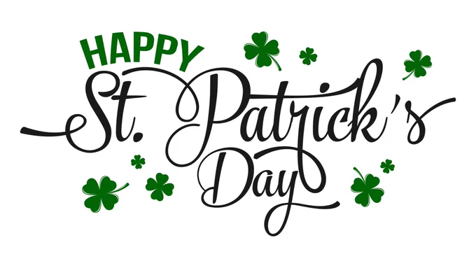Decorative text saying 'Happy St. Patrick's Day' surrounded by green shamrocks.