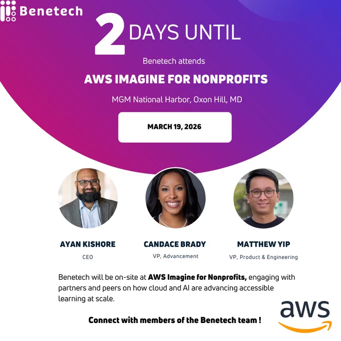 Graphic reading “2 days until Benetech attends AWS Imagine for Nonprofits.” Event details include MGM National Harbor in Oxon Hill, Maryland, on March 19, 2026. Below are headshots of three speakers: Ayan Kishore (CEO), Candace Brady (VP, Advancement), and Matthew Yip (VP, Product & Engineering). Text at the bottom reads that Benetech will be on-site engaging with partners and peers on how cloud and AI are advancing accessible learning at scale. AWS logo appears in the bottom right.