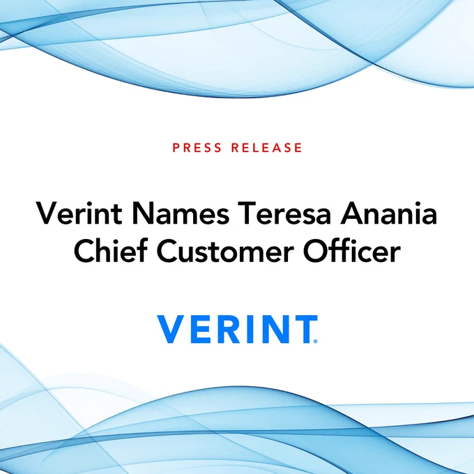Verint press release announcement, titled "Verint Names Teresa Anania Chief Customer Officer," with the Verint logo displayed below. The background features abstract blue wave patterns.