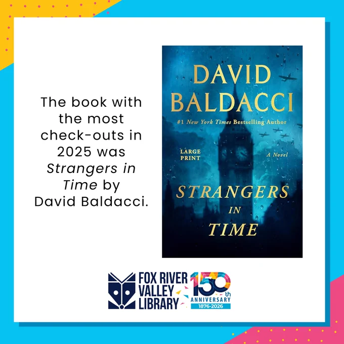 Our most checked out book of 2025 was Strangers in Time by David Baldacci.