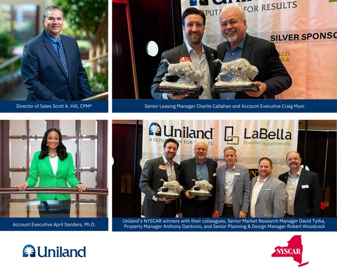 The client-driven achievements of Uniland's Sales & Leasing team were honored at NYSCAR WNY’s Awards Dinner!

Congratulations to Charlie Callahan, 2025 Transaction Volume Award – Affiliate; Craig Muni, 2025 Largest Affiliate-Assisted Transaction of the Year; and April Sanders, Ph.D., First Runner Up, Affiliate Transactions.

We are proud of their continued leadership, customer focus, and impact across our award-winning portfolio. Here’s to continued success with our clients and partners in 2026!

Learn more at https://uniland.com/nyscar-wny-awards-2026/