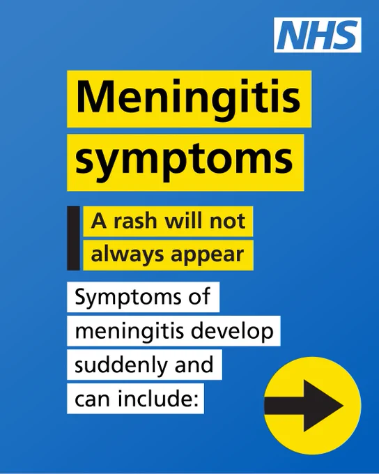 Meningitis symptoms. A rash will not always appear. Symptoms of meningitis develop suddenly and can include:
