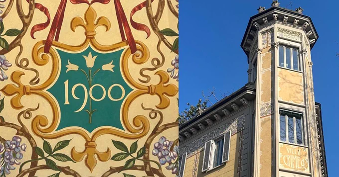 The left side features an ornate design with the year "1900" surrounded by floral motifs. The right side shows a close-up of the villa's facade with decorative painting (primarily in yellow) and a turret against a clear blue sky.