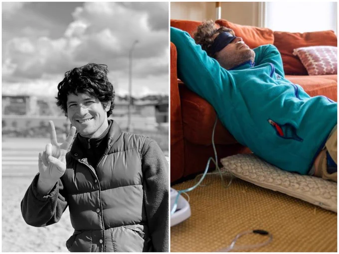 College of two photos of myself. On the left is a black and white photo of me arriving to the beach after a run with a peace sign. This is the last run I have been on which happened in 2020 6 years ago today — on the right is a photo of myself on a typical day recovering from minor exertion with an eye mask and oxygen concentrator on.