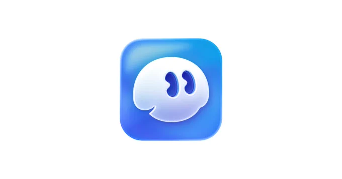 A rounded blue icon features a smiling white face with two eyes, representing a friendly and playful character.
