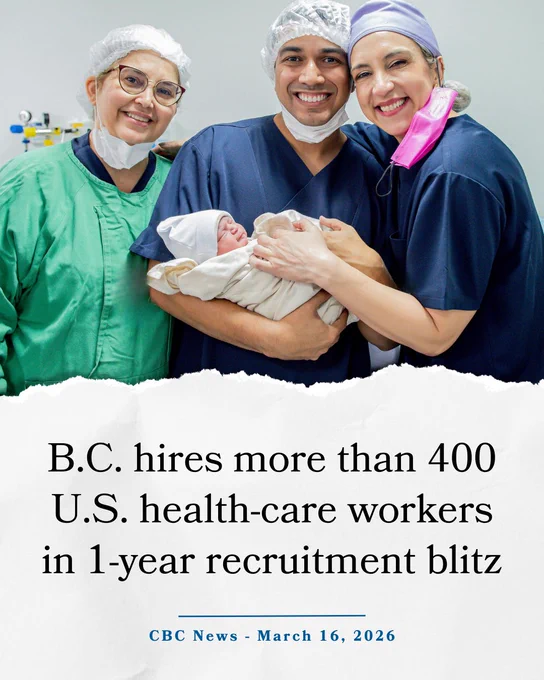 An image of health-care professionals holding a baby along with text: "BC hires more than 400 US health-care workers in 1-year recruitment blitz."