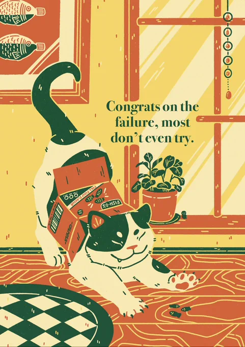 A digital illustration of a fat cat, done in yellow, cream, vermilion and forest green. The cat is stretching to try grab some treats, with the treat box being stuck around its waist.
