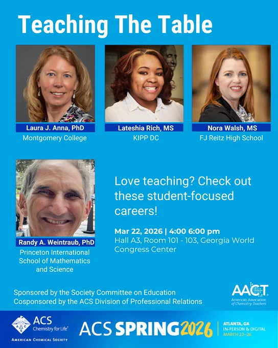 Portraits of four educators promoting student-focused teaching careers at ACS Spring 2026 event in Atlanta. panel includes: Laura J. Anna, PhD Montgomery College
Randy A. Weintraub, PhD
Princeton International
School of Mathematics
and Science
Lateshia Rich, MS KIPP DC
Nora Walsh, MS FJ Reitz High School
