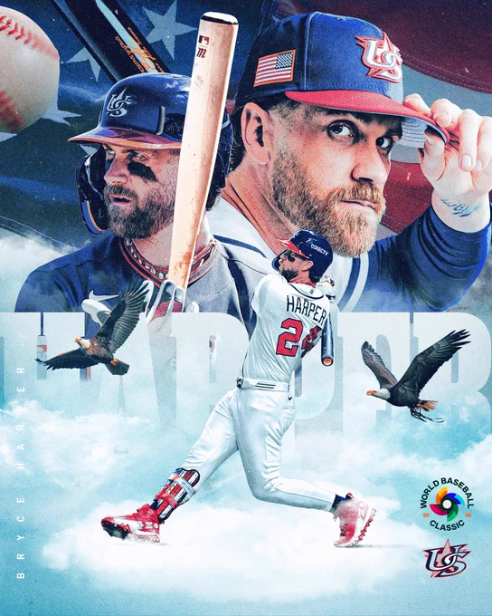 Bryce Harper (Team USA) hype graphic
Three cutouts of Bryce Harper. Bryce Harper holds a bat while wearing a dark blue Team USA uniform and helmet (left). Bryce Harper tips his dark blue Team USA cap (right). Bryce Harper swings his bat while wearing a white Team USA uniform and dark blue Team USA helmet (center). Eagles soar around him.
