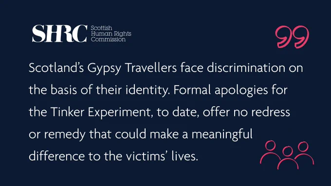 White text against charcoal background. Red quotation mark. Quote reads "Scotland’s Gypsy Travellers face discrimination on the basis of their identity. Formal apologies for the Tinker Experiment, to date, offer no redress or remedy that could make a meaningful difference to the victims’ lives."