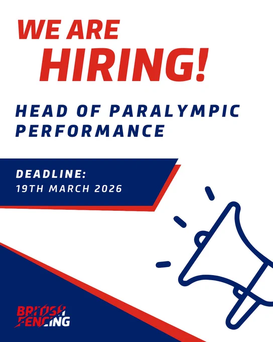 A white-blue-red graphic that says 'we're hiring! Head of Paralympic Performance, deadline: 19th March 2026'. It has a blue megaphone graphic on it.