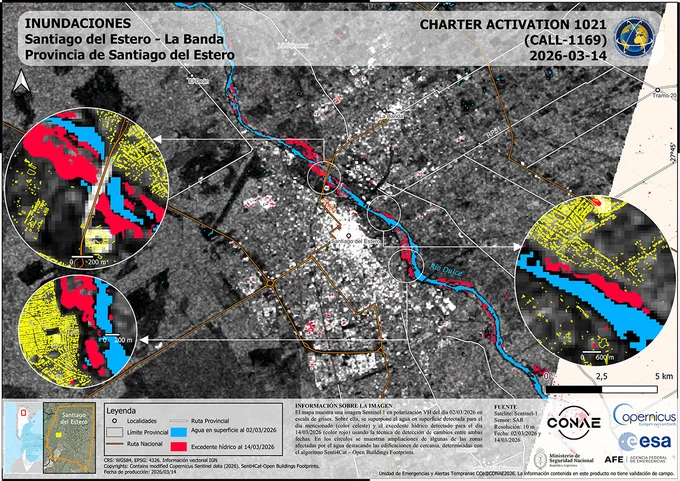 Flood map of Santiago del Estero in Argentina. The map uses Sentinel-1 data from 14 March to estimate flooded areas.