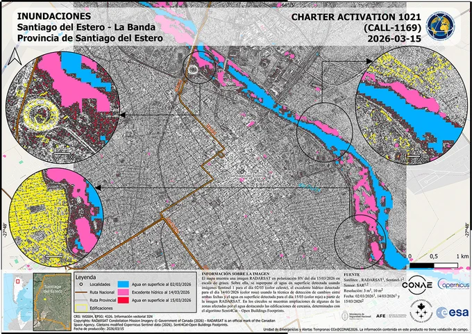 Flood map of Santiago del Estero in Argentina. The map uses RADARSAT and Sentinel-1 data from before and after the flood to estimate affected areas.
