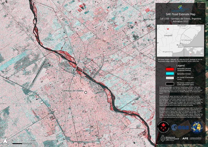 Flood map of Santiago del Estero in Argentina. The map uses RCM and Sentinel-1 data from before and after the flood to estimate affected areas.
