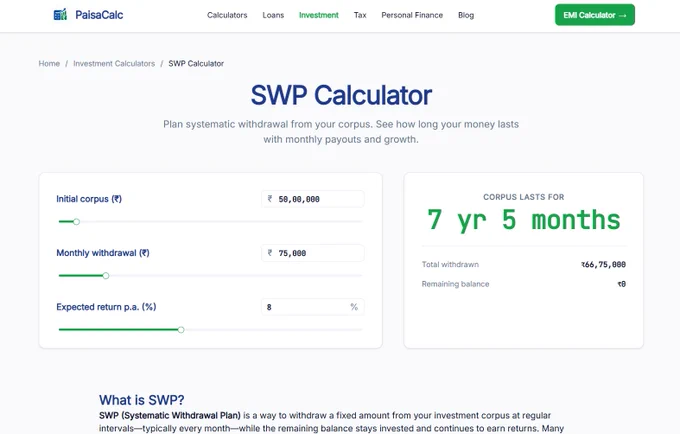 Plan systematic withdrawal from your corpus. See how long your money lasts with monthly payouts and growth.
