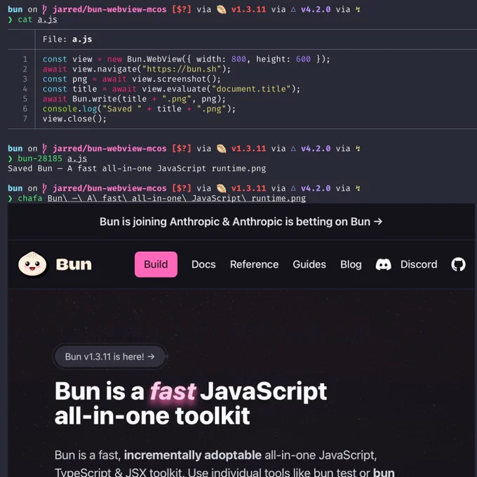 ❯ cat a.js
     │ File: a.js
   1 │ const view = new Bun.WebView({ width: 800, height: 600 });
   2 │ await view.navigate("https://bun.sh");
   3 │ const png = await view.screenshot();
   4 │ const title = await view.evaluate("document.title");
   5 │ await Bun.write(title   ".png", png);
   6 │ console.log("Saved "   title   ".png");
   7 │ view.close();
─────┴─────────────────────────────────────────────────────────────────────────────────────────

❯ bun-28185 a.js
Saved Bun — A fast all-in-one JavaScript runtime.png
❯ chafa Bun\ —\ A\ fast\ all-in-one\ JavaScript\ runtime.png
