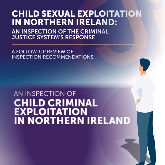 Graphic showing the titles of recent CJI Reports on child exploitation: ‘Child Sexual Exploitation in Northern Ireland: A Follow‑Up Review of Inspection Recommendations’ and ‘Child Criminal Exploitation in Northern Ireland’.