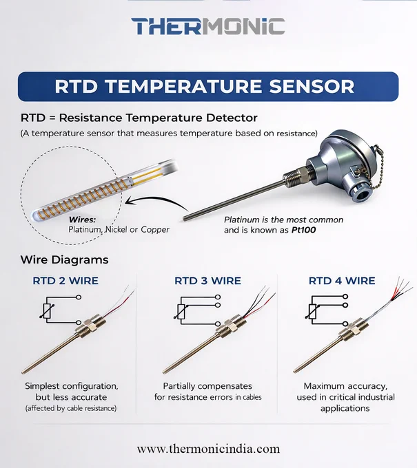 "Infographic explaining RTD Temperature Sensors, showing 2-wire, 3-wire, and 4-wire configurations by Thermonic India."