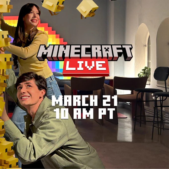 Two people stand and push back against the wave of baby chicks. Text on the screen reads "Minecraft LIVE" March 21, 10 AM PT"