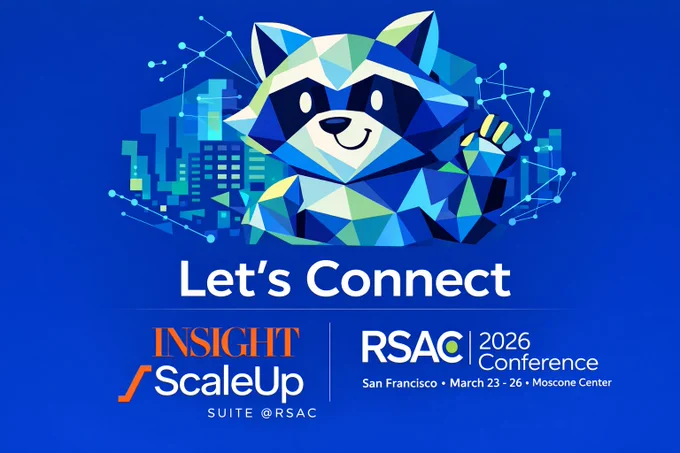 Devicie-style geometric raccoon illustration on a bright blue background above the headline “Let’s Connect,” with event logos for Insight ScaleUp Suite @RSAC and RSAC 2026 Conference, plus the text “San Francisco • March 23 - 26 • Moscone Center.”