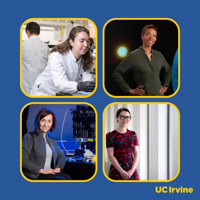 Four individuals are shown in separate frames. One is working in a laboratory wearing a white coat, another is smiling with hands on hips against a dark backdrop, the third is seated by scientific equipment in a blue-lit setting, and the fourth is standing in front of a modern, softly lit background wearing a floral dress. The bottom right corner has the text "UC Irvine".
