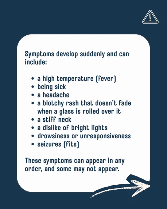List of sudden symptoms including fever, headache, stiff neck, rash, drowsiness, and seizures with a warning icon.