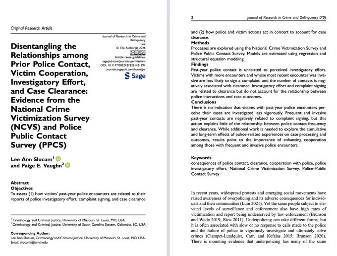 "Disentangling the Relationships among Prior Police Contact, Victim Cooperation, Investigatory Effort, and Case Clearance: Evidence from the National Crime Victimization Survey (NCVS) and Police Public Contact Survey (PPCS)" by Lee Ann Slocum and Paige Vaughn