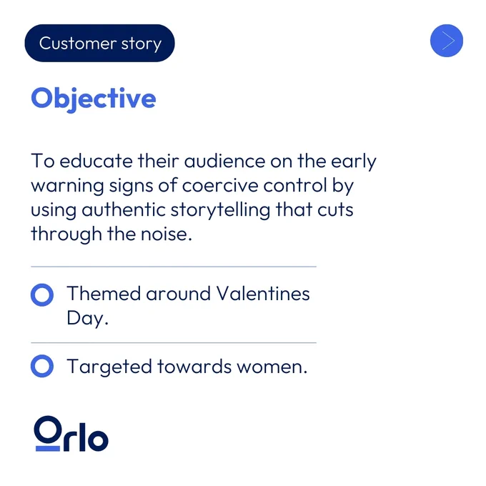 Customer story. Objective: To educate their audience on the early warning signs of coercive control by using authentic storytelling that cuts through the noise. Themed around Valentines Day. Targeted towards women. Orlo logo.