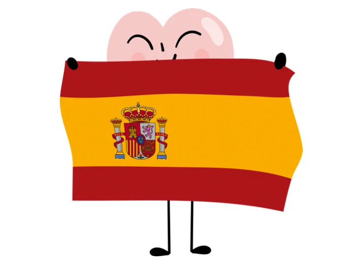 A cheerful, cartoon-style heart character is smiling and holding a Spanish national flag.