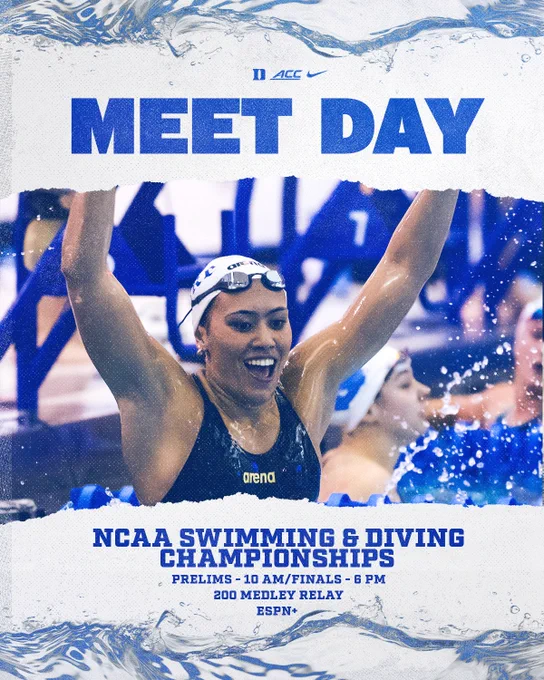 Informational meet day graphic for the NCAA Swimming & Diving Championships being streamed on E-S-P-N-Plus. Duke swimmer Heather White is the featured athlete on the graphic.