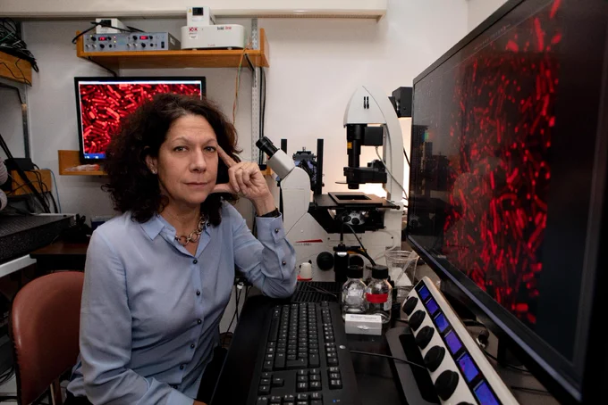 Bonnie Bassler next to a large computer monitor