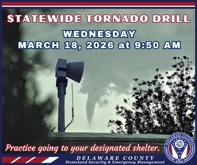 Weather siren with tornado in background, announcing statewide tornado drill on March 18, 2026 at 9:50am, and to practice going to your designated shelter during the test.