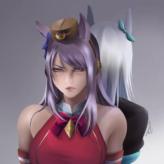 Close-up of Mejiro McQueen from Uma Musume wearing Gold Ship’s flashy red halter-top outfit with the brown jockey hat and headphones. Her purple hair is slightly messy, horse ears twitching, and she has a strong embarrassed-angry expression with flushed cheeks, narrowed purple eyes, and a pouty frown. She’s clearly mortified and annoyed about the costume swap, looking off to the side like she wants to disappear.