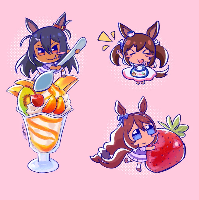 a set of digital drawings of hishi amazon, hishi akebono and super creek from umamusume. the first drawing is of hishi amazon perched on top of a fruit parfait, holding a giant spoon. the second drawing is of hishi akebono, her arm outstretched as she shouts in encouragement. the final drawing is of super creek, holding a strawberry.