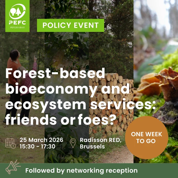 Stacked logs in a forest setting promoting a PEFC policy event on forest-based bioeconomy and ecosystem services in Brussels, March 2026.