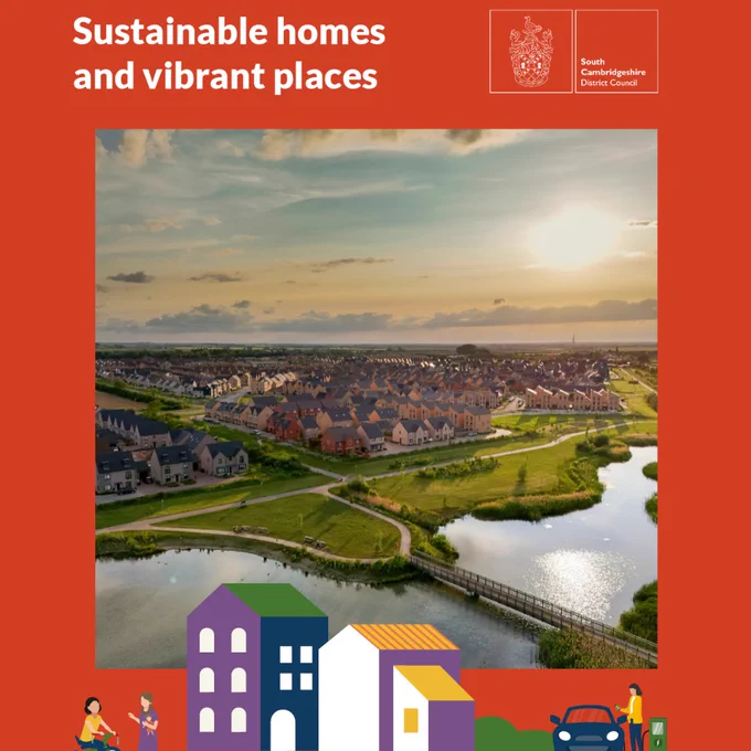 Aerial view of a modern housing development surrounded by green spaces and water at sunset, with paths, lakes and a footbridge in the foreground. The image sits within a South Cambridgeshire District Council graphic featuring illustrated homes and people, alongside the heading ‘Sustainable homes and vibrant places