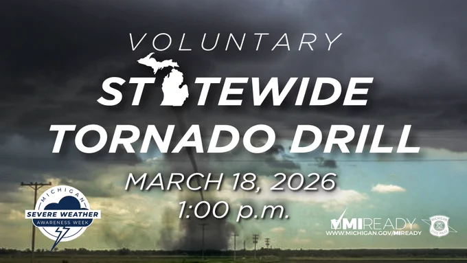 graphic that says "Voluntary Statewide Tornado Drill March 18, 2026 1:00pm"