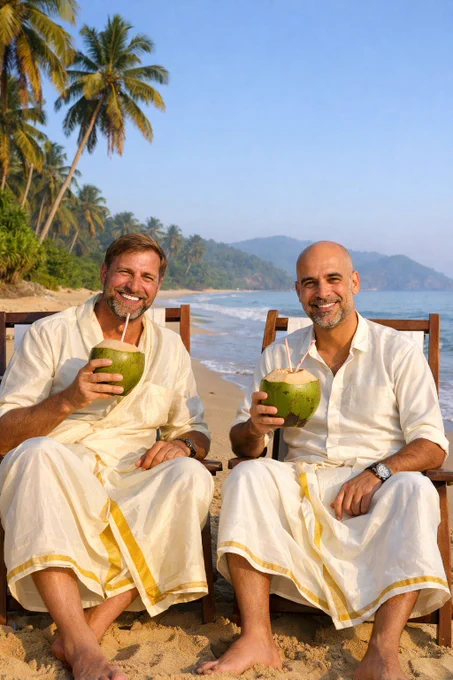 AI generated image of Klopp and Pep on an Indian beach sipping coconut water