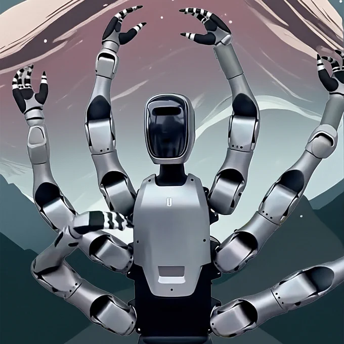 A stylized digital illustration of a metallic silver humanoid robot with a minimalist black visor faceplate, centered in a dynamic pose. The robot features six highly articulated robotic arms extending from its torso. The two upper pairs of arms are raised high and bent in complex gestures, showing detailed black and silver hands with distinctive white-striped fingertips. The smooth silver torso has a small, stylized 'U' logo. The robot is set against an abstract, geometric and nebula-like landscape background of deep blues, greens, and a central flow of soft pink and purple hues under a starry sky.