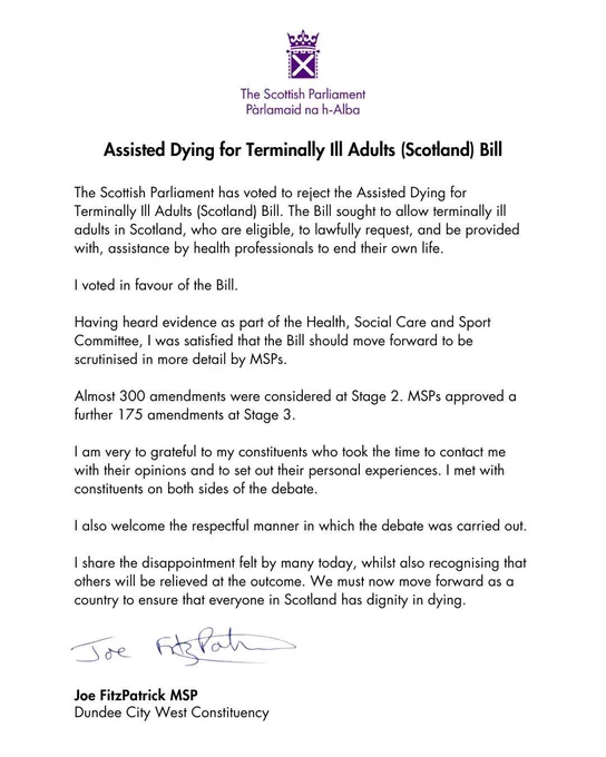 Letter detailing Joe FitzPatrick’s support for the assisted dying bill which was rejected by the Scottish Parliament.