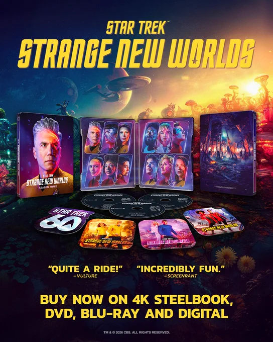 Copy for an ad featuring Star Trek Strange New Worlds on DVD, 4K, Digital, and Blu Ray