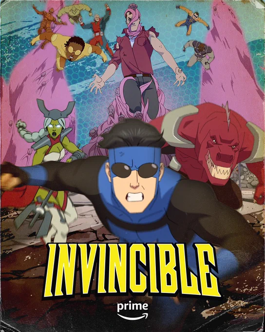 Artwork for the first three episodes of Invincible Season 4. Invincible is in the foreground, looking ready to punch someone. Dinosaurus is over his right shoulder, Universa over his left. Rus Livingston and a wall of sequids are behind him. We also see the Guardians of the Globe in the air, including Brit, Robot, Monster Girl, Bulletproof, Black Samson and Shapesmith.