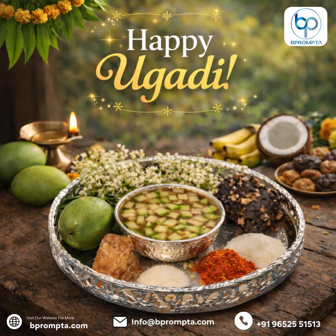Celebrate New Beginnings this Ugadi with Joy & Prosperity 🌿✨
Step into a fresh year filled with happiness, success, and positivity! 🌸
On this auspicious occasion of Ugadi, may your life be as flavorful as the traditional Ugadi Pachadi—blending sweetness, bitterness, and everything in between.
✨ Wishing you and your family a year full of growth, good health, and endless opportunities.
Let’s welcome new beginnings with hope and gratitude!

– Team Bprompta 💙

#HappyUgadi #Ugadi2026 #NewBeginnings #FestivalVibes #IndianFestivals #UgadiSpecial #DigitalGreetings #Bprompta #FestiveSeason #SouthIndianFestival #Prosperity 