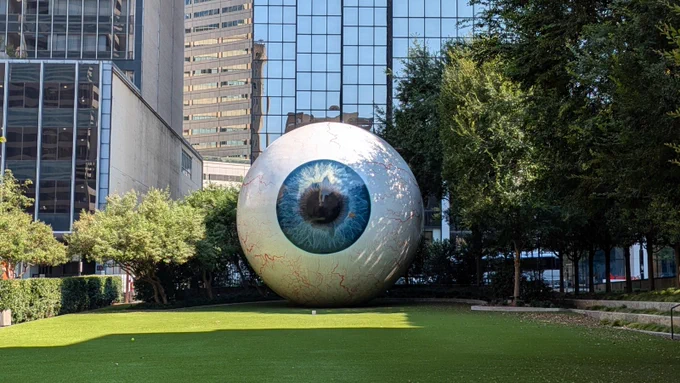 “Eye (Dallas)” sculpture created by artist Tony Tasset outside of The Joule in Dallas 