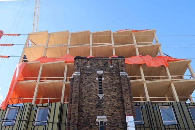 Mass timber going up at 60 Bowden, a new affordable housing building in Toronto.