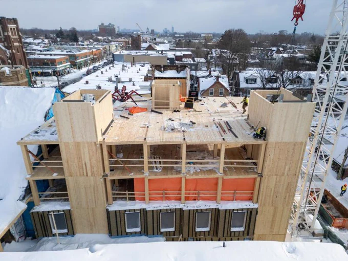 Mass timber going up at 60 Bowden, a new affordable housing building in Toronto.