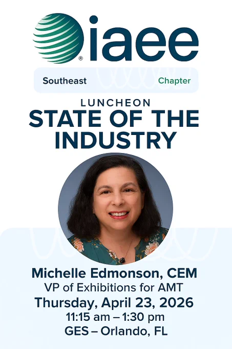 Join IAEE Southeast for our next Chapter Luncheon in Orlando, FL. Michelle Edmonson, CEM, will lead an insightful discussion on the latest trends, data, and forecasts shaping the future of our industry. 