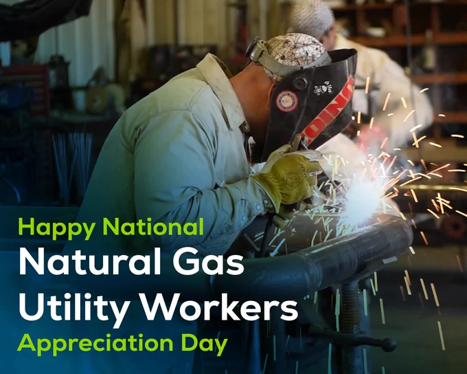 Utility worker welding a metal pipe, sparks flying in an industrial setting during National Natural Gas Utility Workers Appreciation Day.