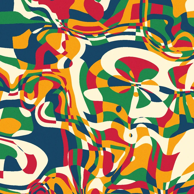 Abstract algorithmic art with a wavy, distorted grid in red, yellow, green, blue, and white